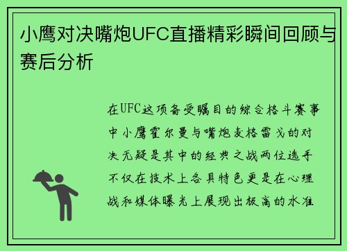 小鹰对决嘴炮UFC直播精彩瞬间回顾与赛后分析
